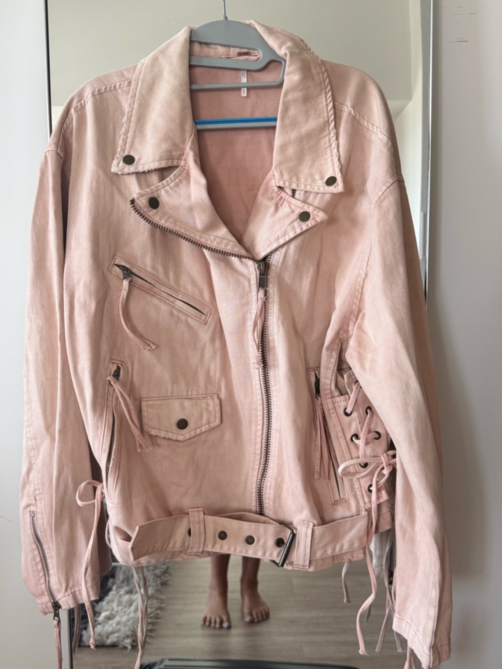 Free People Distressed Pink Lace-Up Moto Jacket
